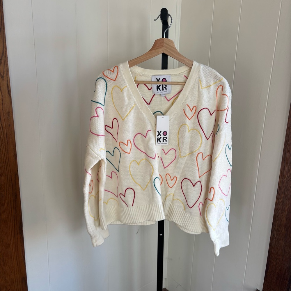 XOKR Kerri Rosenthal Womens Medium Heart Knit Cardigan Cropped Anthropologie NWT - Picture 2 of 8